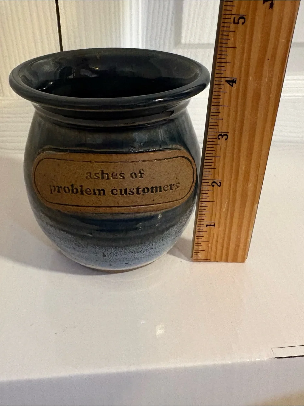 Funny Stoneware Vase Crock “Ashes of Problem Customers” Blue Pottery Decor